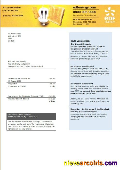 United Kingdom EDF Energy electricity and gas utility bill